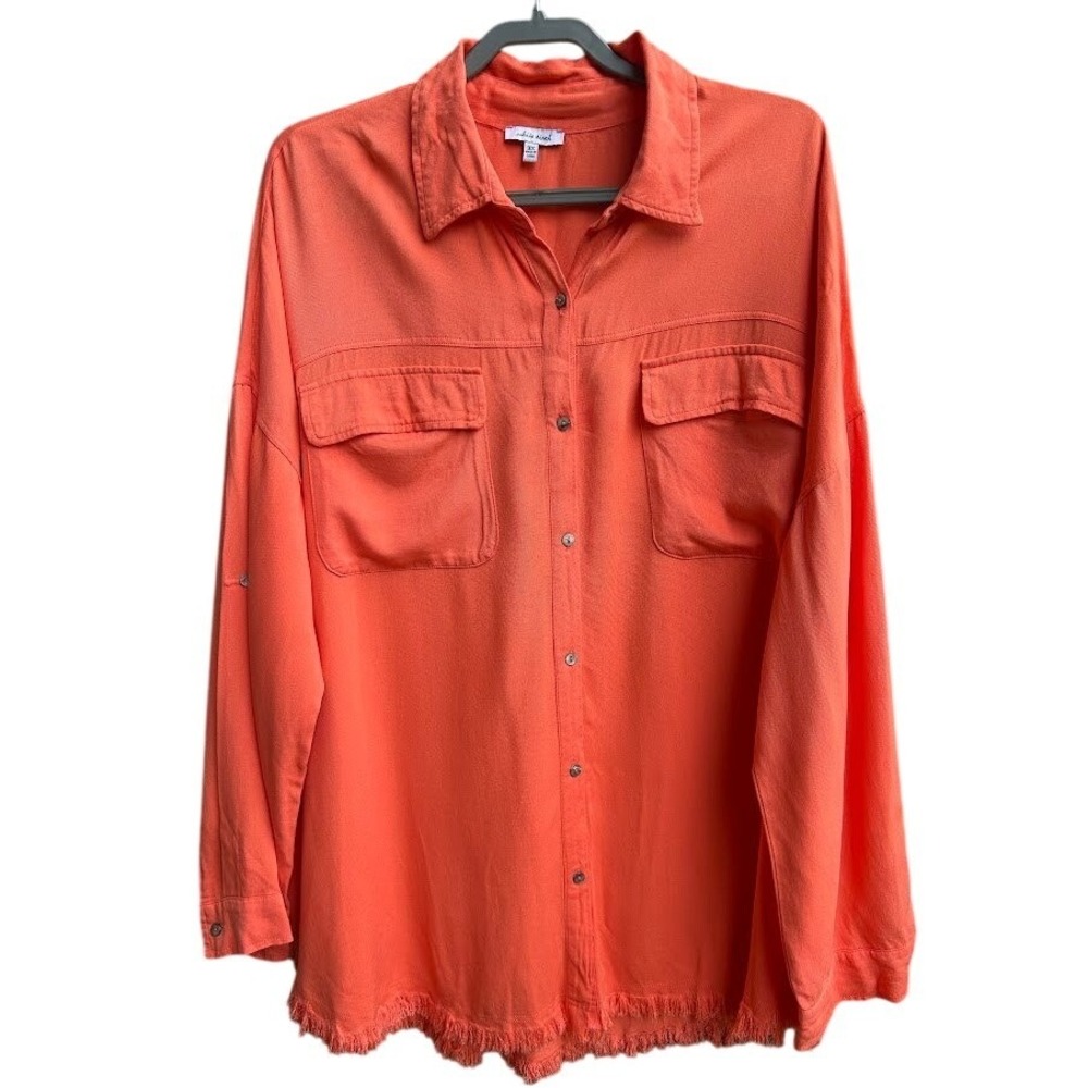 White Birch Womens 3X Coral Orange Fringe Hem Button Down Roll Tab Sleeve Shirt